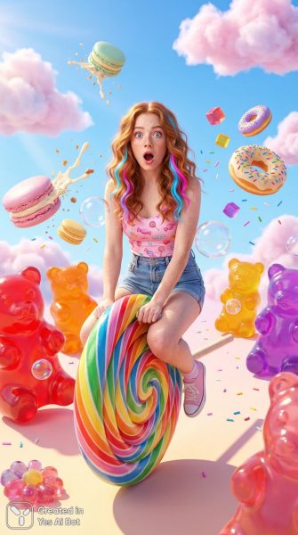 Сладкое приключение: девочка в сказочном мире конфет и радужных сладостей. Генерация из нейросети Nano-Banana