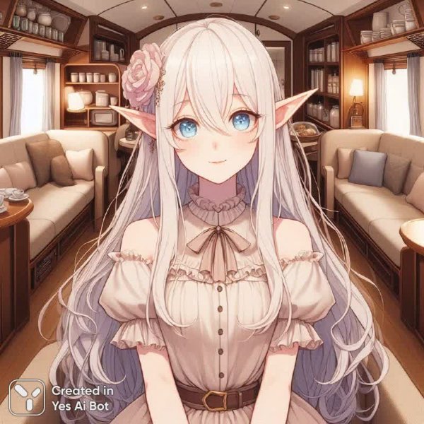 Эльфийская целительница: путешествие в волшебном поезде сквозь зимние дали и тайны старинных книг. Изображение из нейросети Dalle