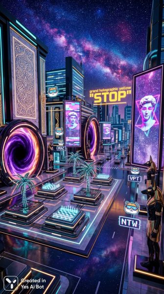 Экзотический Египет: порталы, пальмы и голографическое предупреждение в звездном небе. Изображение из нейронной сети Nano Banana