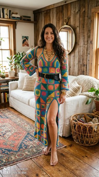 Яркое вязаное платье и уютная обстановка: стиль и комфорт в интерьере. Изображение из нейронной сети Nano-Banana