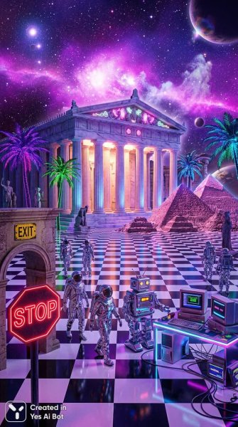 Неоновый храм в стиле вейпорвейв: смесь древности и будущего. Изображение из нейронной сети Nano Banana