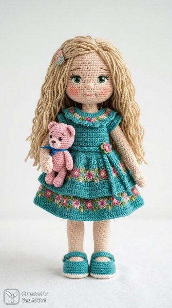 Милая вязаная кукла в нежном платье с цветами и розовым мишкой. Нейронная сеть Нано Банана