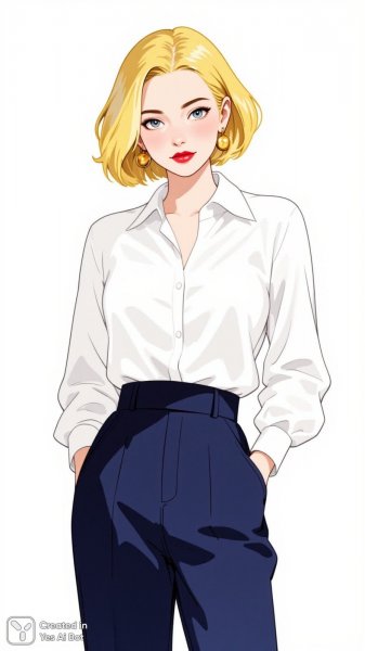 Элегантная блондинка в белом и синем: стиль и утонченность. Генерация из нейросети Flux.1