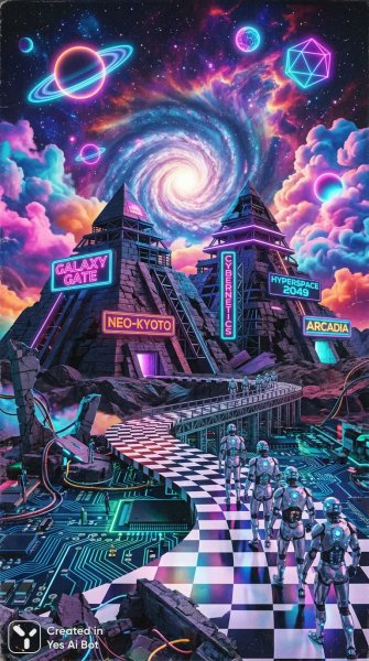 Неоновое будущее: Пирамиды, планеты и портал в галактику. Нейросеть Nano Banana