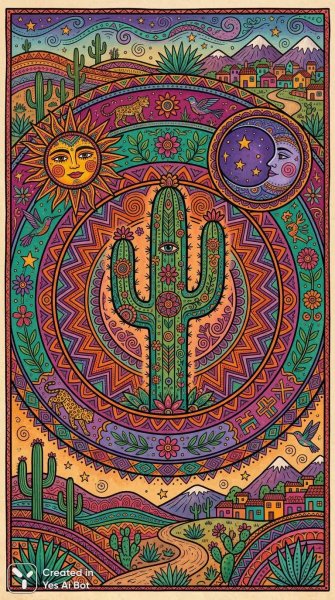 Яркая кактация мандала в стиле мексиканского фольклора. Изображение из нейросети NanoBanana