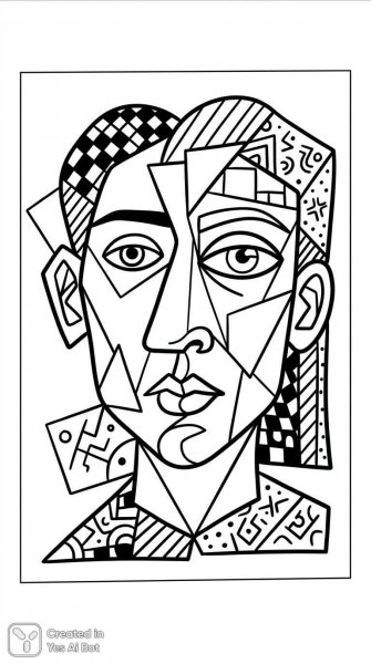 Лицо в стиле кубизма: игра с геометрией и черным контуром для раскрашивания. Нейросеть Nano-Banana