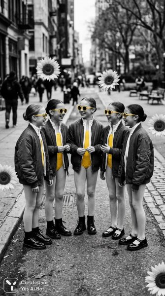 Девушки в желтом: сюрреалистичная черно-белая фотография города. Генерация из нейронной сети Nano-Banana