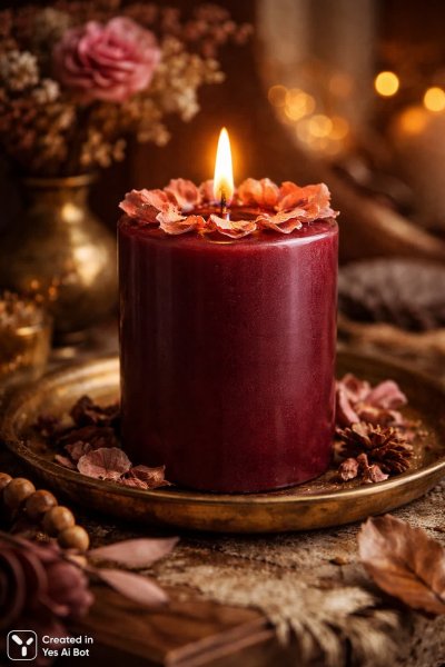 Бургундская свеча: уют и тепло домашнего очага в золотых тенях. Нейросеть Sora Ai Images