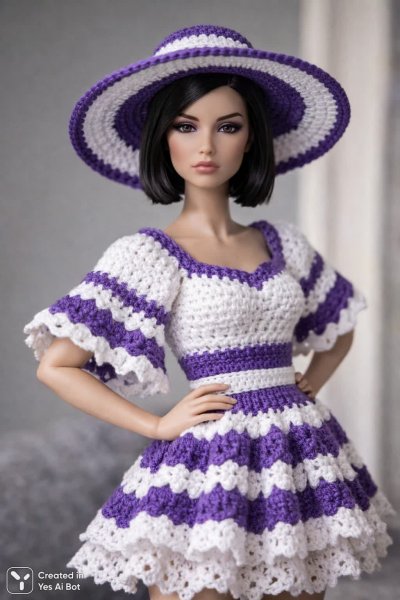Элегантная кукла в лиловом платье и шляпе с серьезным взглядом. Изображение из нейронной сети Sora images Ai