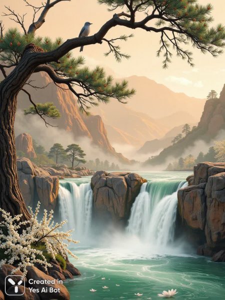 Водопад и горы: безмятежная красота природы в восточном стиле. Нейросеть Flux