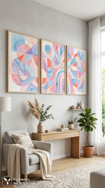 Яркий абстрактный триптих в акварельной пастели для современного интерьера. Генерация из нейронной сети Nano Banana