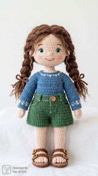 Кукла амигуруми в летнем образе: очарование рукоделия. Картинка из нейросети Нано Банана