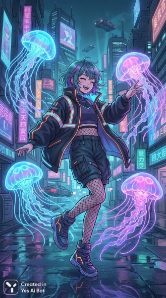 Танцуя в неоновом свете: киберпанк-вечер и городские грезы. Картинка из нейросети Nano-Banana