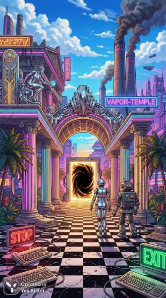 Хромовый храм в стиле стимпанк: колонны, роботы и неоновые огни будущего. Картинка из нейронной сети Нано Банана