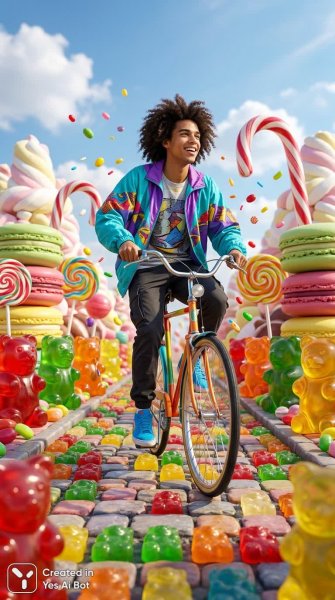 Яркий велосипедист в сказочном мире сладостей и ярких красок. Картинка из нейронной сети Nano-Banana
