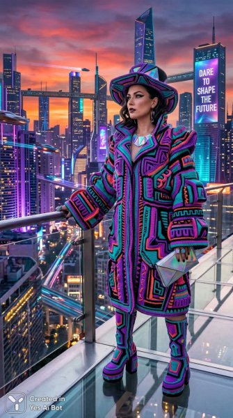 Смелость и футуризм: ультрамодная женщина в неоновом городе будущего. Картинка из нейронной сети Nano Banana