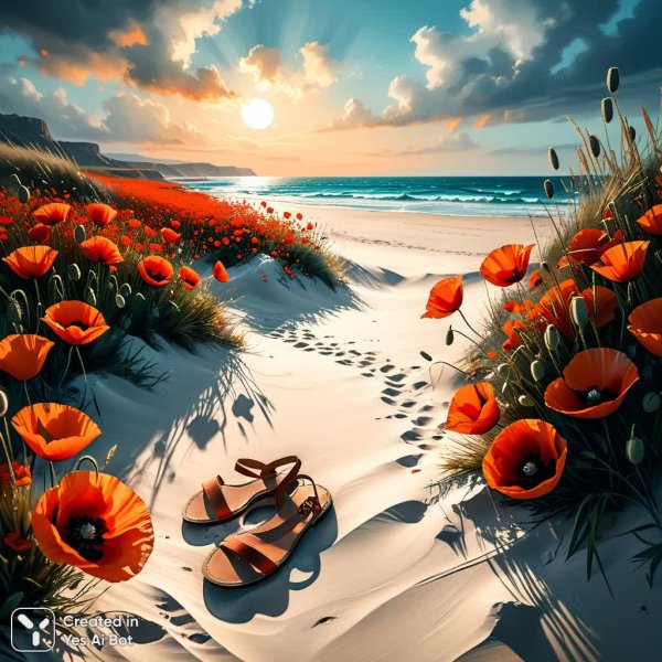 Маки на пляже: яркий пейзаж маслом и палитрой. Генерация из нейронной сети Stable Diffusion