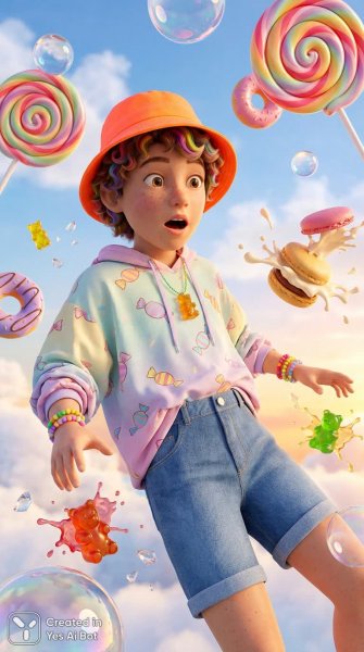 Сладкие мечты: мальчик в сказочном мире конфет и карамели. Нейросеть Nano Banana