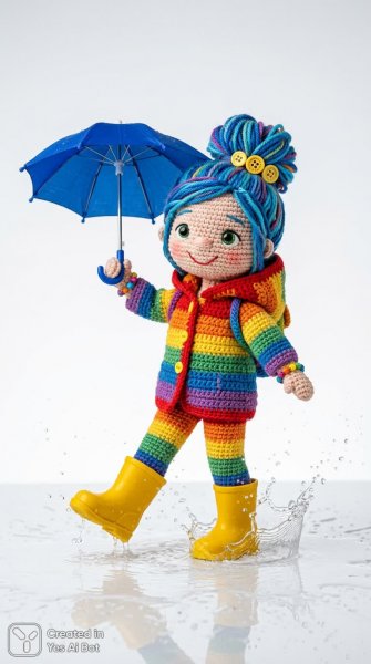 Забавная вязаная кукла в радужной дождевой одежде и резиновых сапогах под кобальтовым зонтом. Картинка из нейронной сети NanoBanana