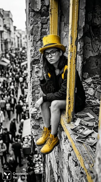 Девушка в желтом цилиндре и черных очках среди старых фотографий и разрушающейся стены. Нейронная сеть NanoBanana