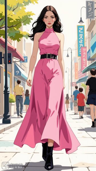 Розовое платье и городские краски: элегантный образ на улице. Картинка из нейросети Flux 1