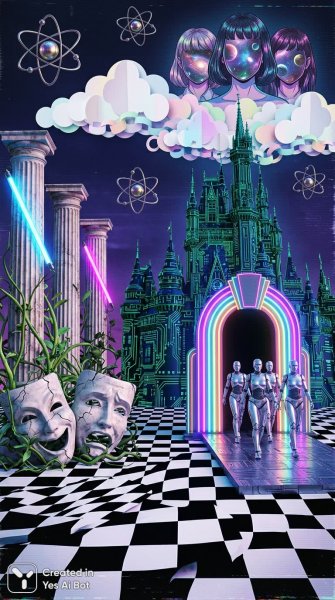 Сюрреалистичный коллаж: цифровой замок и портал в мир будущего. Генерация из нейросети Нано Банана