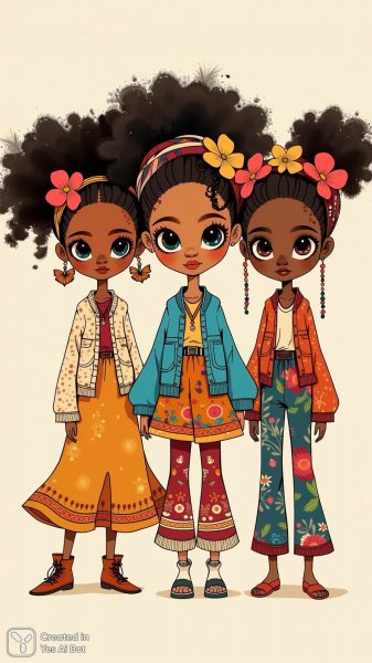 Яркие куклы в богемном стиле с афроприческами и цветами. Картинка из нейросети Flux Ai