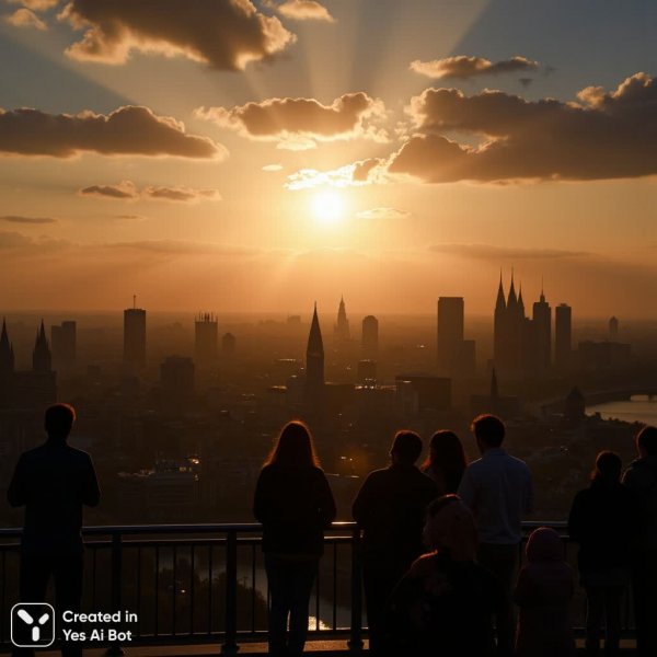 Закат над городом: панорама великолепия и умиротворения в лучах заходящего солнца. Генерация из нейронной сети Flux 1