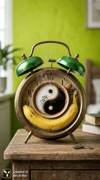 Сюрреалистичный будильник: кофе в банане и зелёные перезвоны. Нейросеть Nano Banana