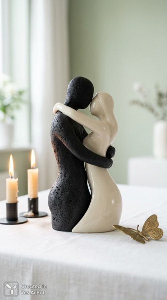 Нежная скульптура объятий: чёрный и кремовый дуэт в минималистичном стиле. Нейросеть Нано Банана