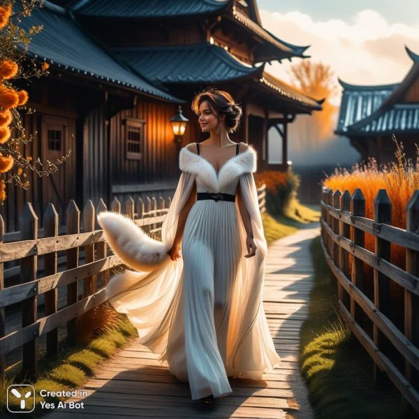 Прогулка в белом платье и черном горностае: акварельный этюд с улыбкой. Изображение из нейросети Stable Diffusion