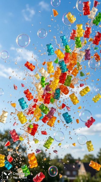 Яркие мармеладные мишки в полете: красочные детали крупным планом. Генерация из нейросети Nano Banana