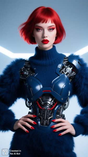 Яркая красотка в синем свитере: эффектный портрет с красной помадой и стильным маникюром. Изображение из нейронной сети Qwen Image