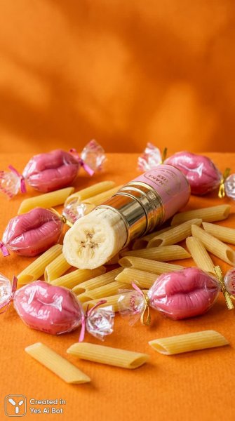 Яркий сюрреализм: губы, банан и паста в необычном сочетании. Картинка из нейронной сети Нано Банана