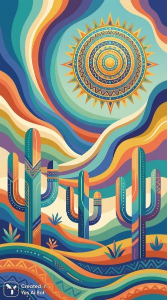 Яркие кактусы в абстрактном стиле и психоделический фон с этническими узорами и солнечной мандалой. Изображение из нейронной сети NanoBanana
