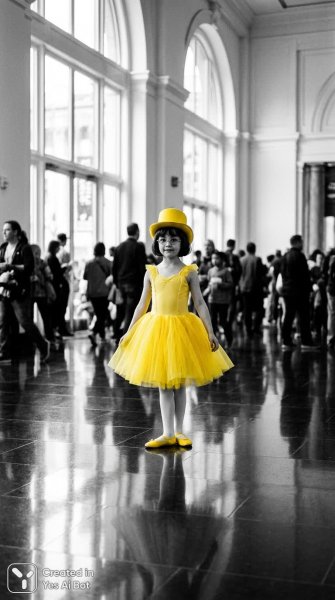 Девушка в жёлтом танцевальном костюме и цилиндре: сюрреалистичный черно-белый снимок. Картинка из нейросети NanoBanana