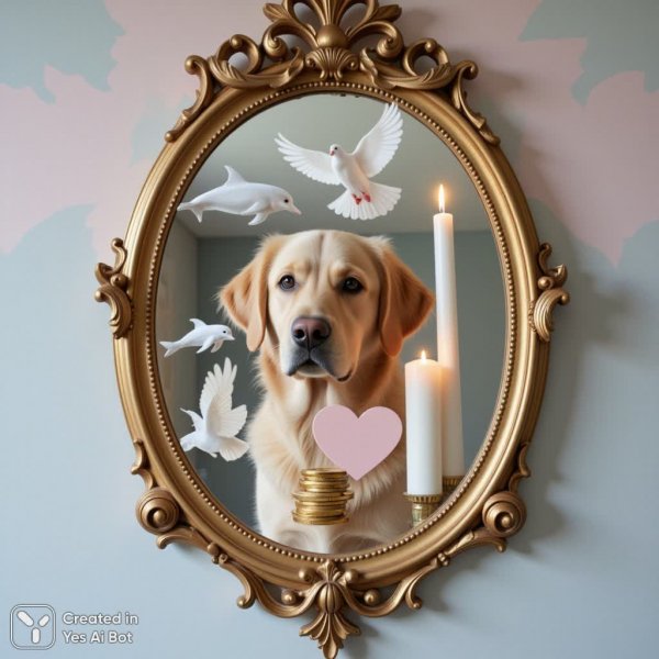 Загадочное отражение: Золотой пес, дельфин и вечные символы. Генерация из нейронной сети Flux Ai