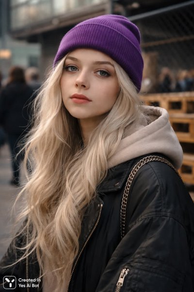 Девушка в фиолетовом берете: городской портрет в стиле стритвир. Изображение из нейронной сети Sora