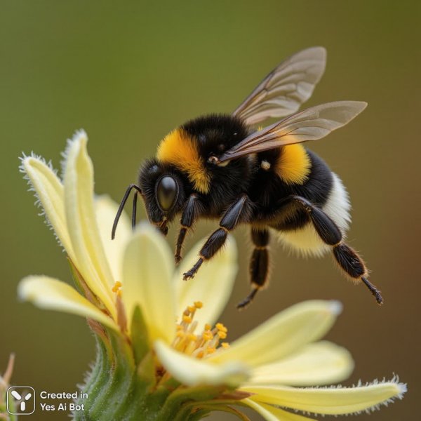 Полет шмеля: макросъемка в саду с размытым фоном и мягким освещением. Нейросеть Flux Ai