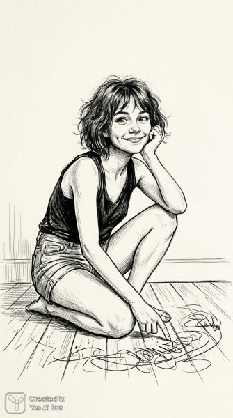 Девушка рисует в воздухе: монохромный эскиз без лишних деталей. Картинка из нейронной сети Nano Banana