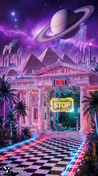 Неоновый храм в стиле вейпорвейв: космос, колонны и ретро-футуризм. Изображение из нейронной сети Nano-Banana