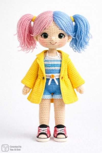 Куколка вязаная: летний образ на пляже в ярких цветах. Изображение из нейросети Sora