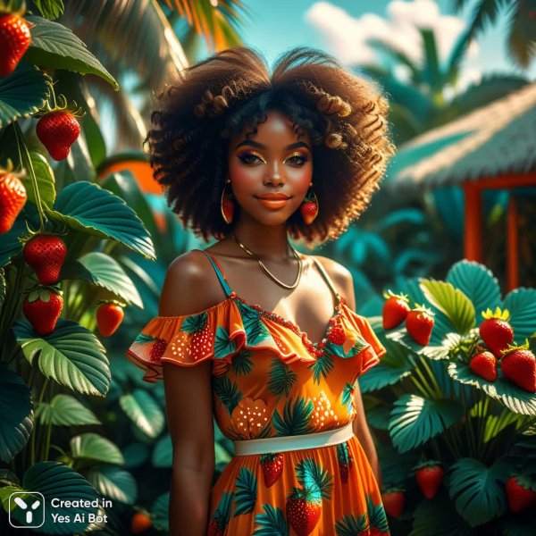Афроамериканка в стиле семидесятых: ретро-красота в райском саду. Изображение из нейросети Stable Diffusion