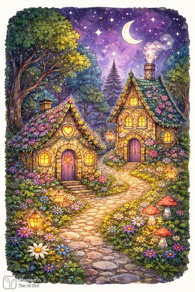 Сказочный лес: фантазия в наивном стиле и народных мотивах. Генерация из нейросети Sora Images