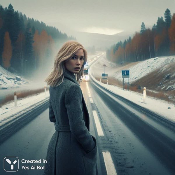 Октябрьская встреча: Блондинка и надвигающаяся Нива на загородном шоссе. Изображение из нейросети Dalle-3