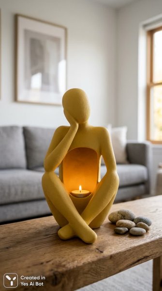 Желтая керамика и свеча: минималистичный интерьер с задумчивой фигурой человека. Генерация из нейросети Nano-Banana
