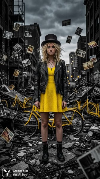 Девушка в желтом: сюрреалистичный образ и контрасты эпох. Изображение из нейросети NanoBanana