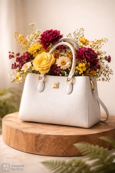 Изысканный кошелек: сочетание кожи, цветов и минимализма в стильной фотографии продукта. Нейронная сеть Sora images Ai