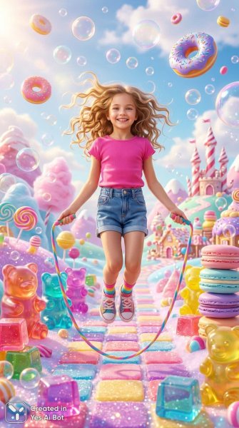 Радость и сладости: сказочный мир конфет и прыжков со скакалкой. Картинка из нейросети Nano Banana