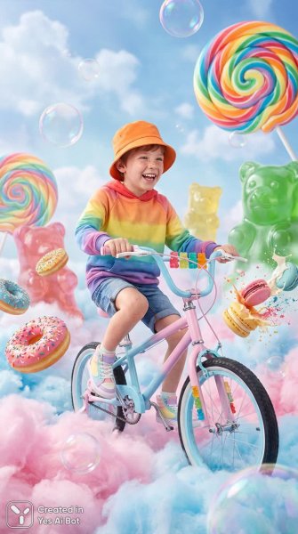 Сладкие грезы: мальчик на велосипеде в сказочном мире конфеток и радуг. Нейросеть Nano Banana